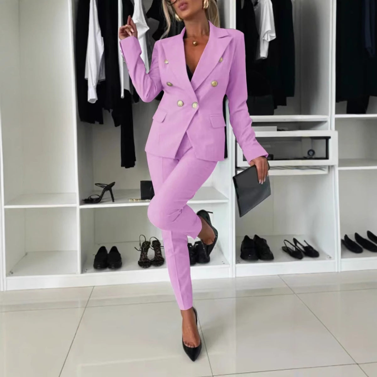Women's Double Breasted Blazer Pants 2 Piece Set