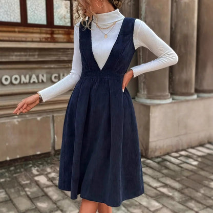 Corduroy Pinafore Dress V-Neck Sleeveless Midi A-Line