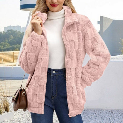 Textured Plush Zip Jacket Stand Collar Fleece Outerwear