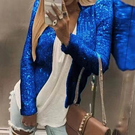 Women's Sequin Zip Up Cropped Jacket Stand Collar