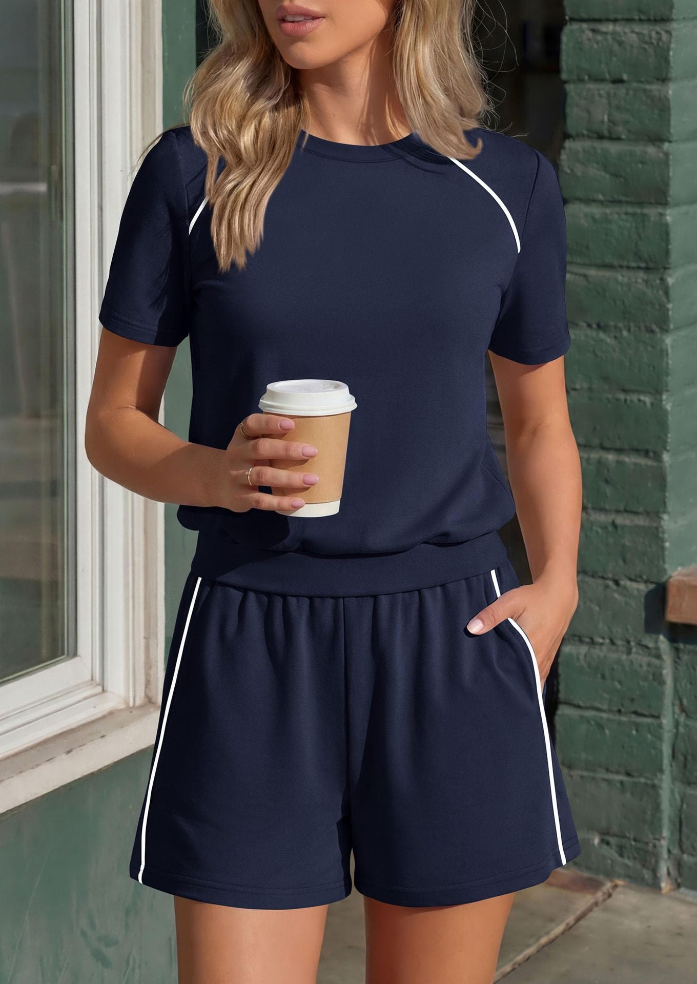 Athletic Lounge Set Contrast Trim Shorts 2 Piece Outfit