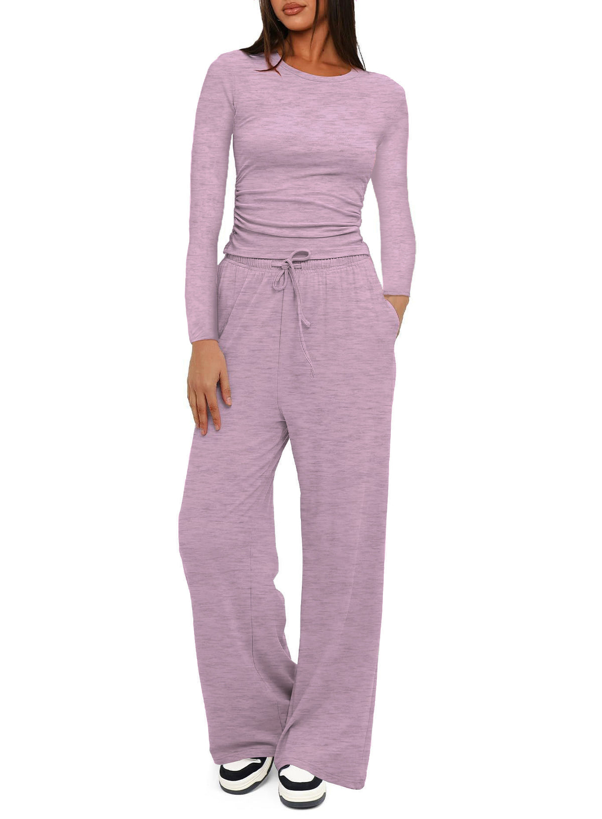 Women's Lounge Set Long Sleeve Ruched Top Wide Leg Pants
