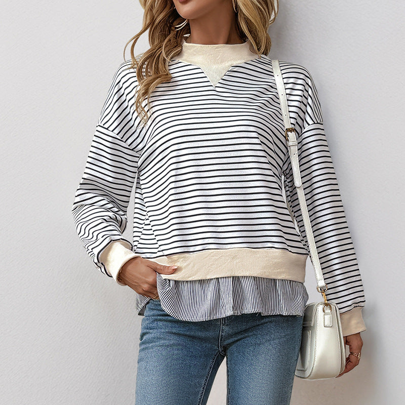 Casual Long-sleeved Crew Neck Striped Stitching Fake Two-piece T-shirt