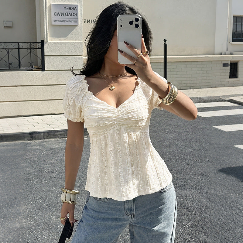 Textured V Neck Puff Sleeve Peplum Blouse Summer Top
