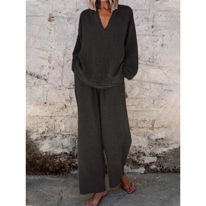 Women's Solid V Neck Wide Leg Pants Casual Two Piece Set