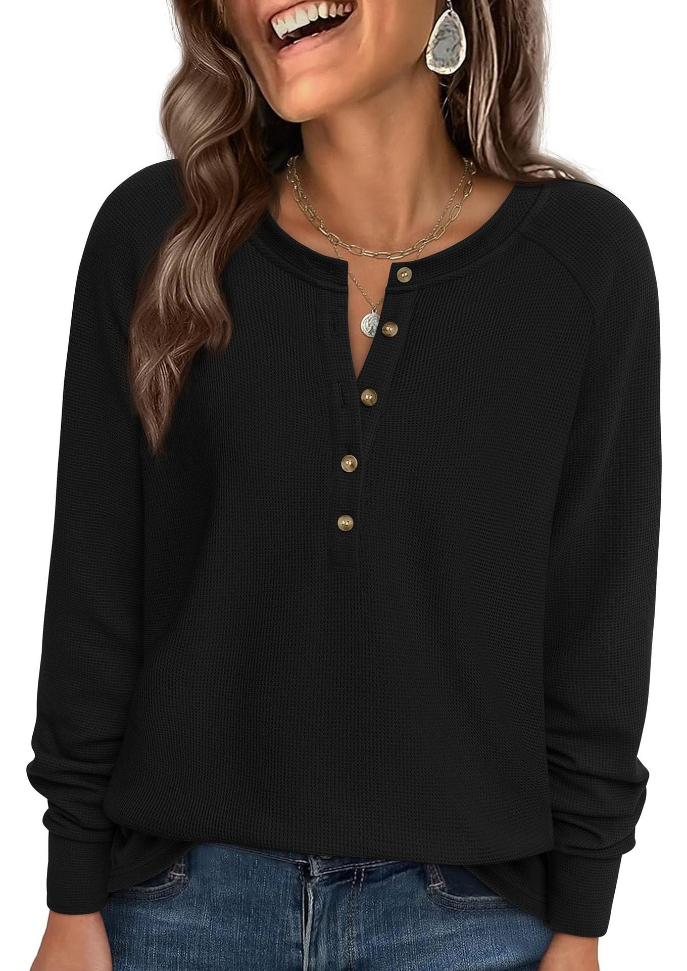 Waffle Knit Henley Top Button V Neck Long Sleeve Tee