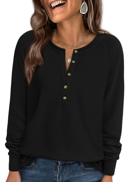 Waffle Knit Henley Top Button V Neck Long Sleeve Tee