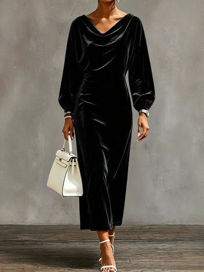 Velvet Cowl Neck Balloon Sleeve Bodycon Midi Dress