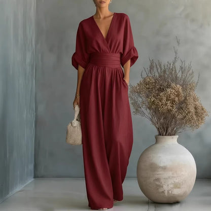Women's Elegant V-Neck High Waist Wide Leg Jumpsuit