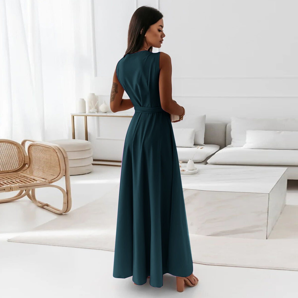 Women's Sleeveless V-Neck Belted A-Line Maxi Dress