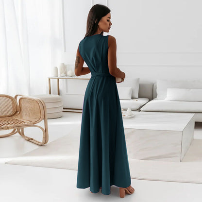 Women's Sleeveless V-Neck Belted A-Line Maxi Dress