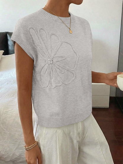 Floral Knit Sweater Short Sleeve Textured Summer Top