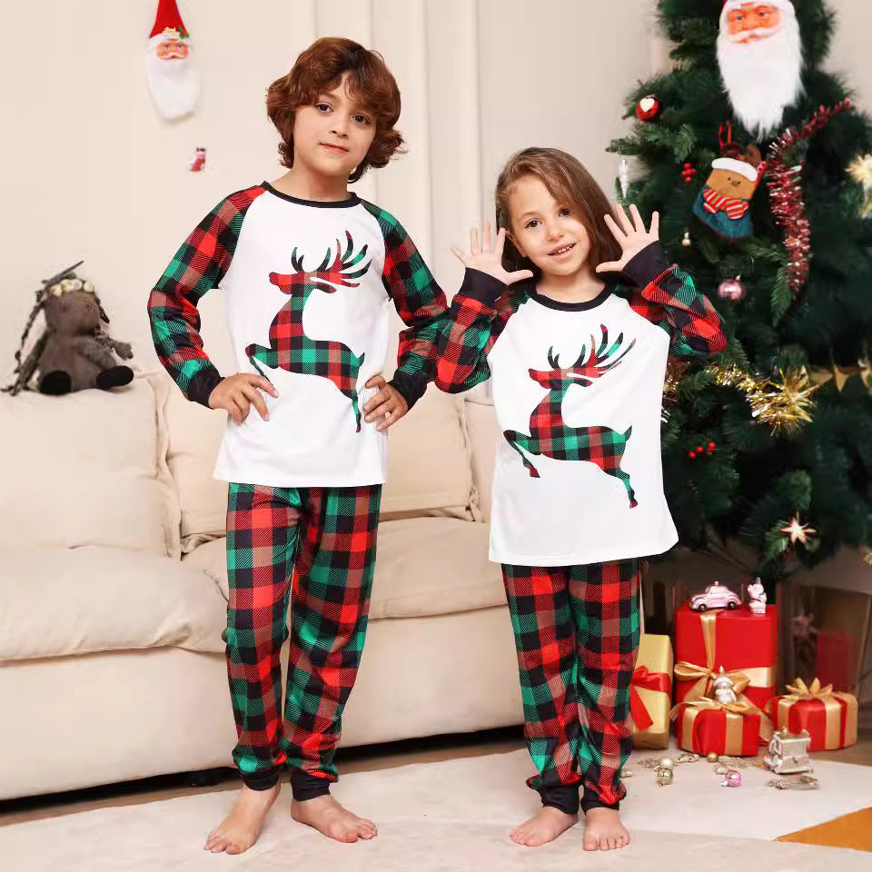 Parent-child Plaid Deer Print Crew Neck Christmas Pajama Set