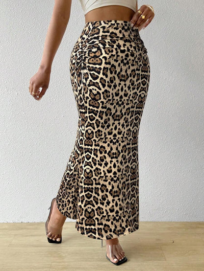 Leopard Print High Waist Ruched Bodycon Midi Skirt