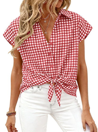 Gingham Button Down Short Sleeve Loose Fit Blouse