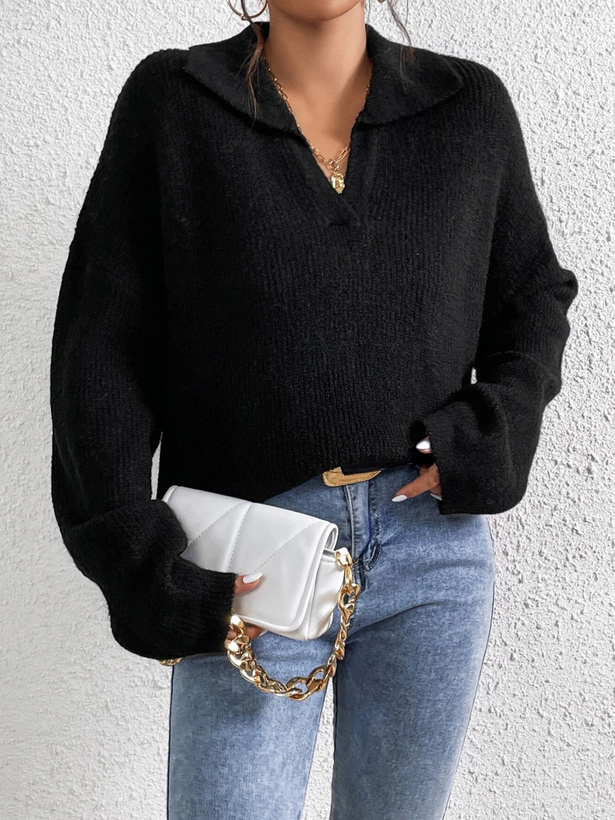 Women's Polo Collar Ribbed Knit Pullover Sweater