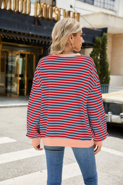 Striped Color Block Crew Neck Loose Fit Long Sleeve Sweatshirt