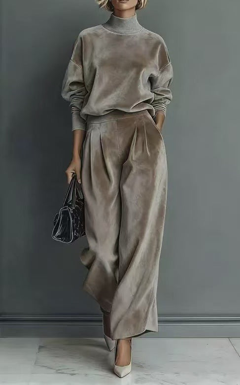 Women Elegant Mock Neck Wide Leg Pants Matching Set