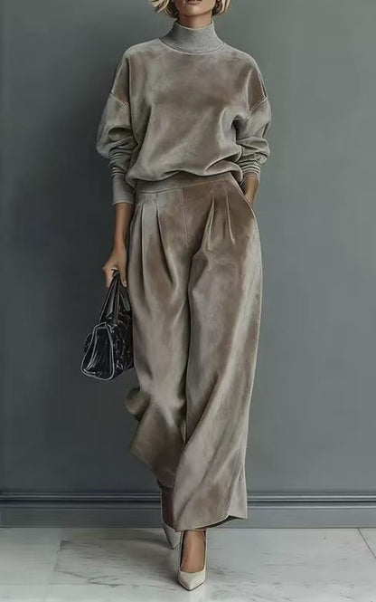 Women Elegant Mock Neck Wide Leg Pants Matching Set