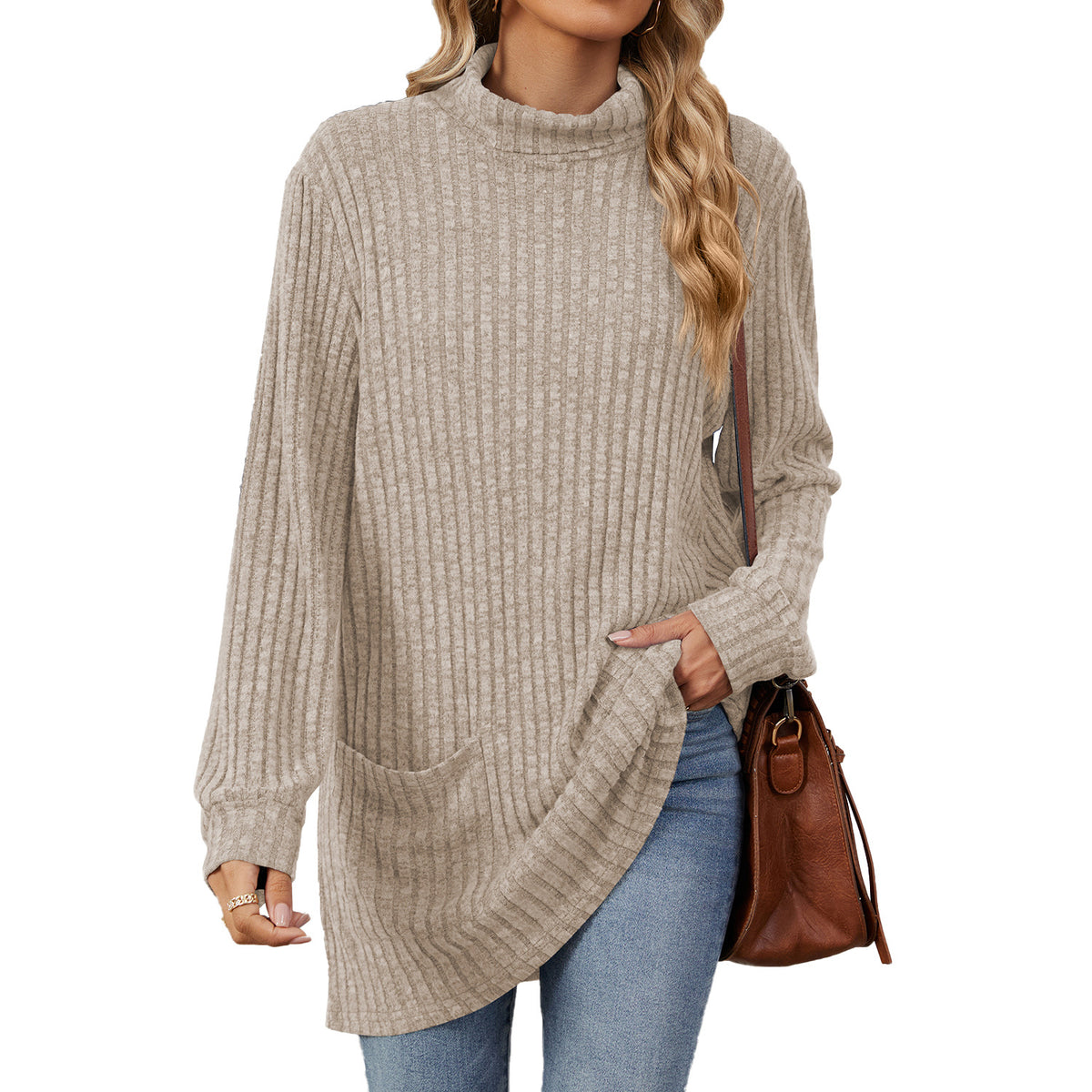 Women's Oversized Ribbed Mock Neck Tunic with Pockets