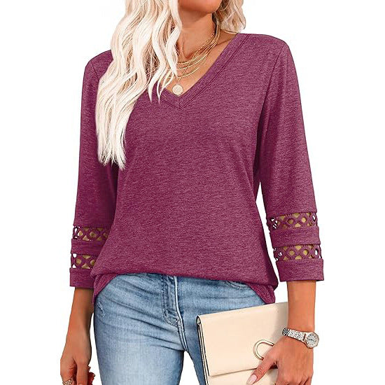 White V-Neck Lace Sleeve Casual Knit Top for Women