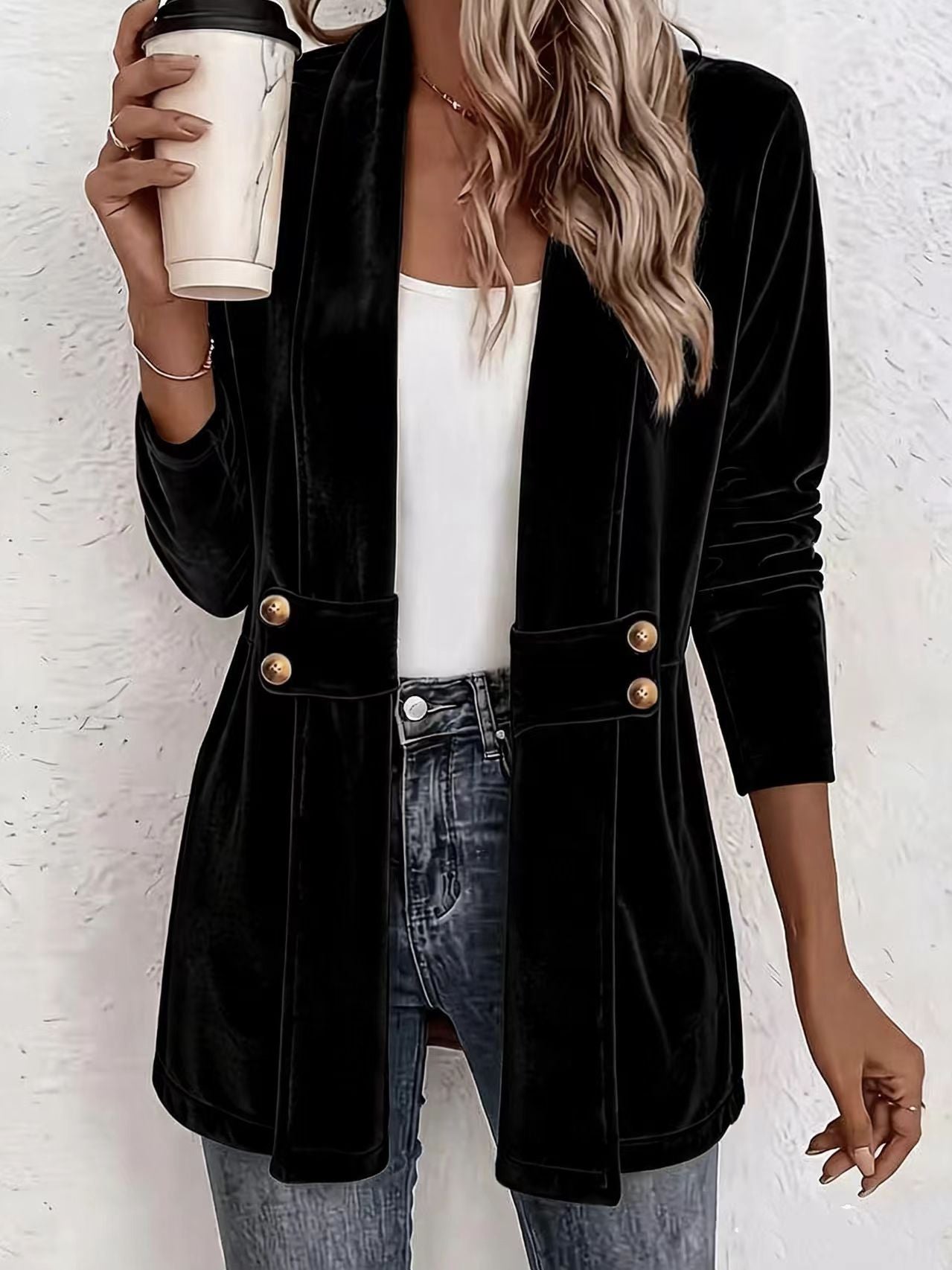 Velvet Shawl Collar Open Front Cardigan Long Sleeve