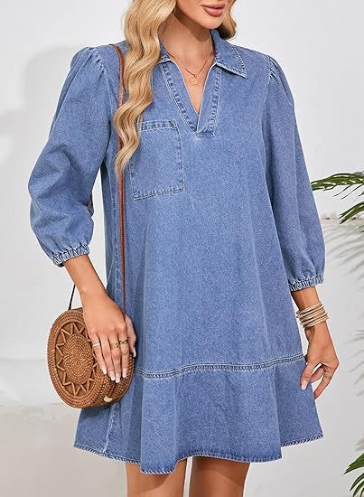 Women's V-Neck Denim Dress Puff Sleeve Tiered Jean Dress