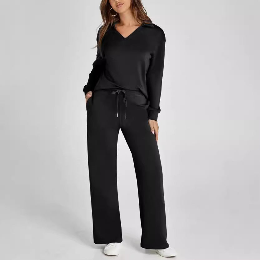 Women’s V Neck Two Piece Set Wide Leg Pants Outfit