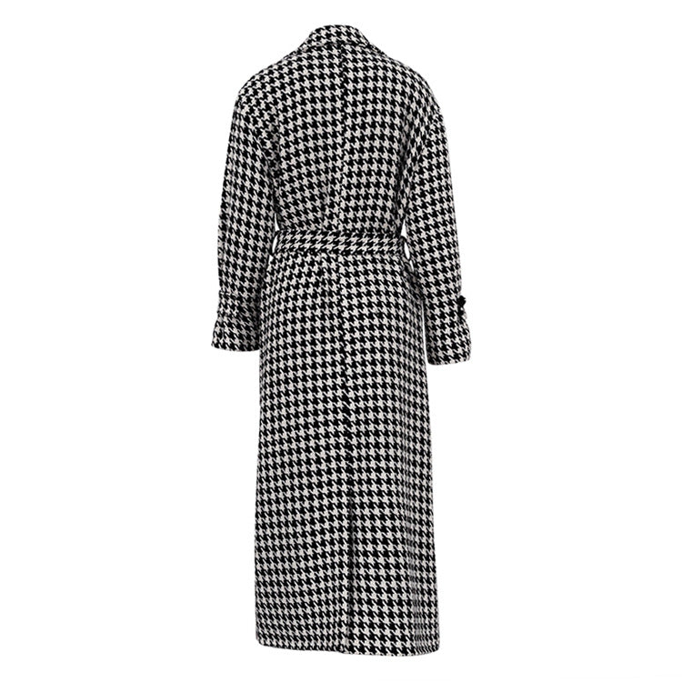 Women's Houndstooth Maxi Winter Coat Double Breasted Belted