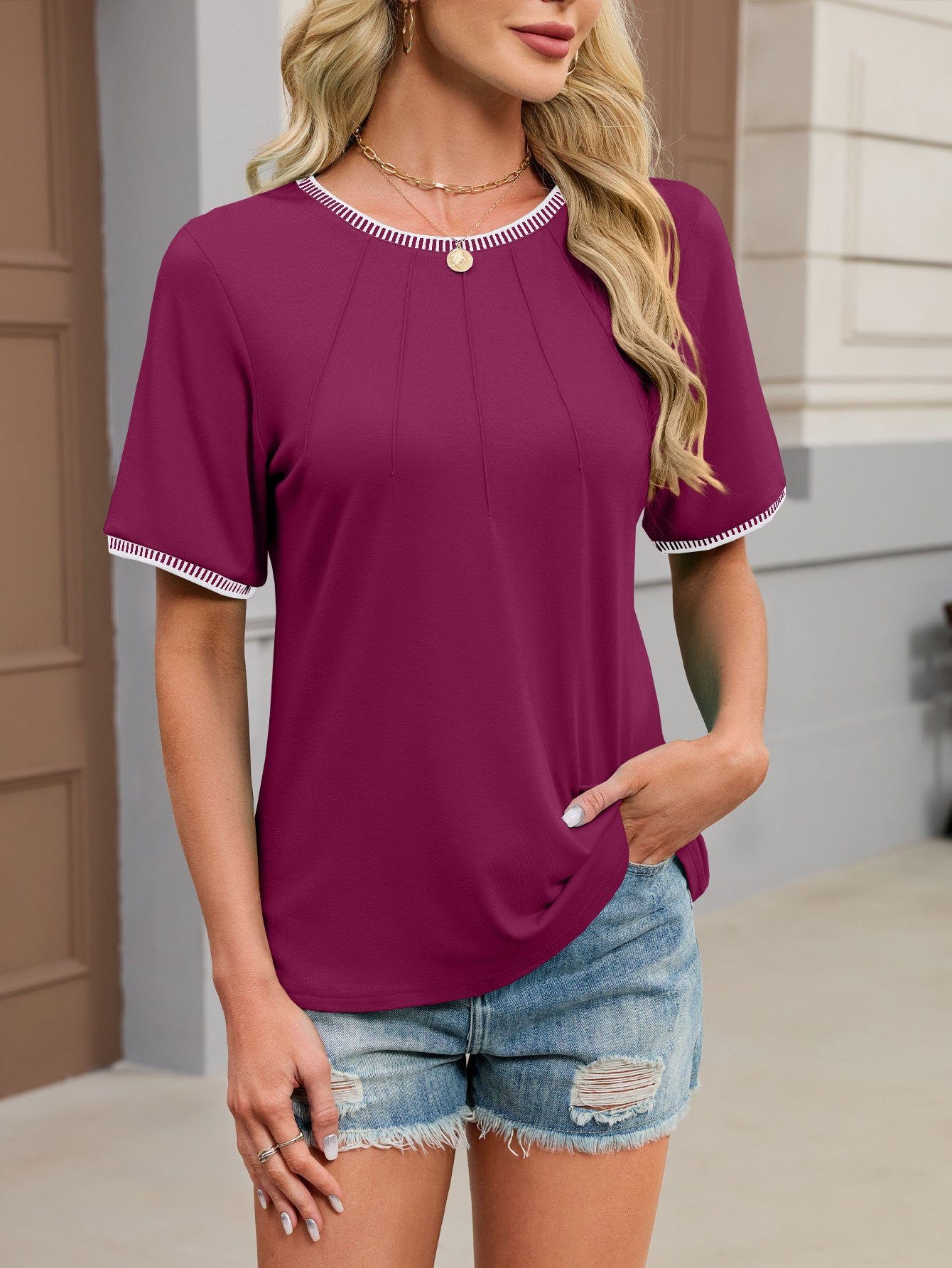 Contrast Trim Round Neck Short Sleeve Casual Tee for Women
