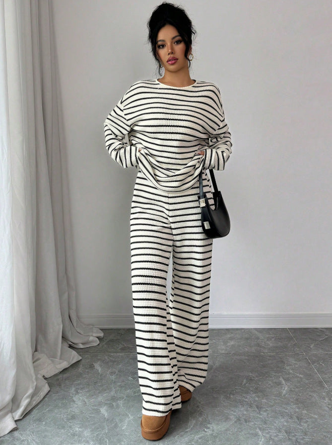 Stripe Knit Lounge Set Crew Neck Top and Wide Leg Pants