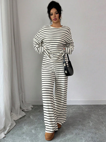 Stripe Knit Lounge Set Crew Neck Top and Wide Leg Pants