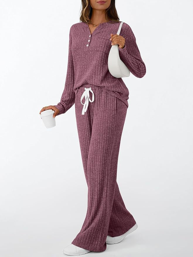 Women's Ribbed Henley Lounge Set Wide Leg Pants 2Pc