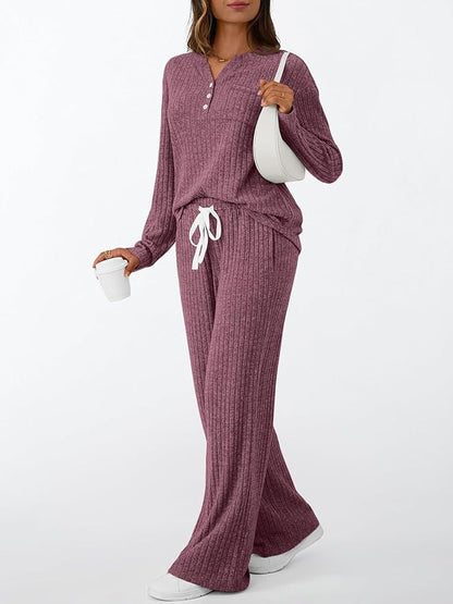 Women's Ribbed Henley Lounge Set Wide Leg Pants 2Pc