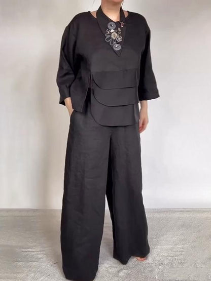Satin Layered Top Wide Leg Pants Two Piece Set