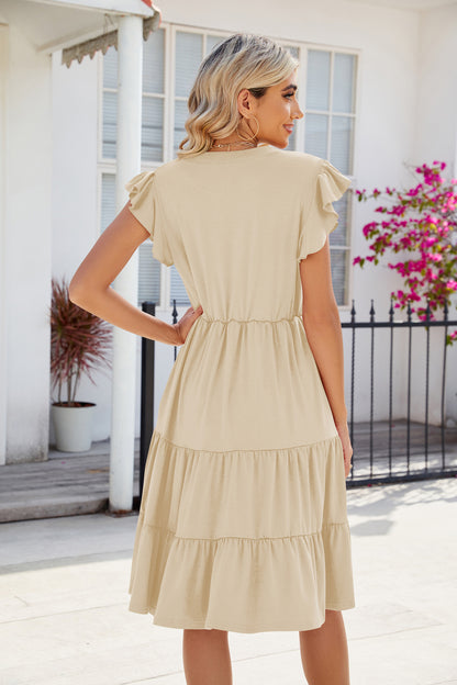 V-Neck Waist-Defined Short Sleeve Colorblock Dress