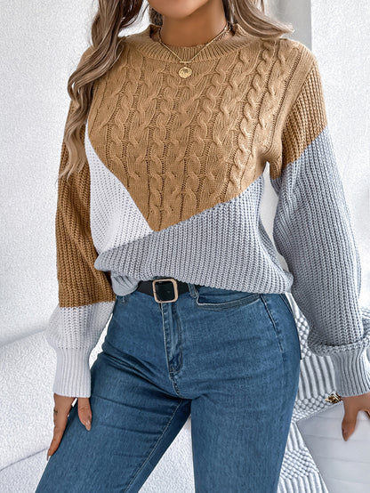 Colorblock Cable Knit Sweater – Casual Fall Winter Pullover