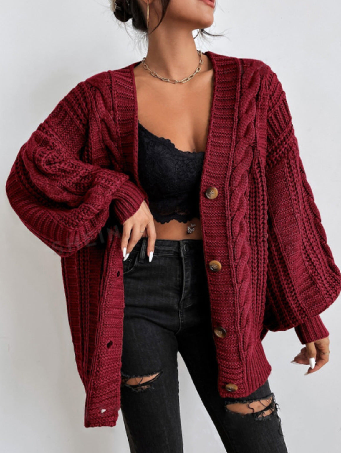Oversized Cable Knit V-Neck Balloon Sleeve Cardigan