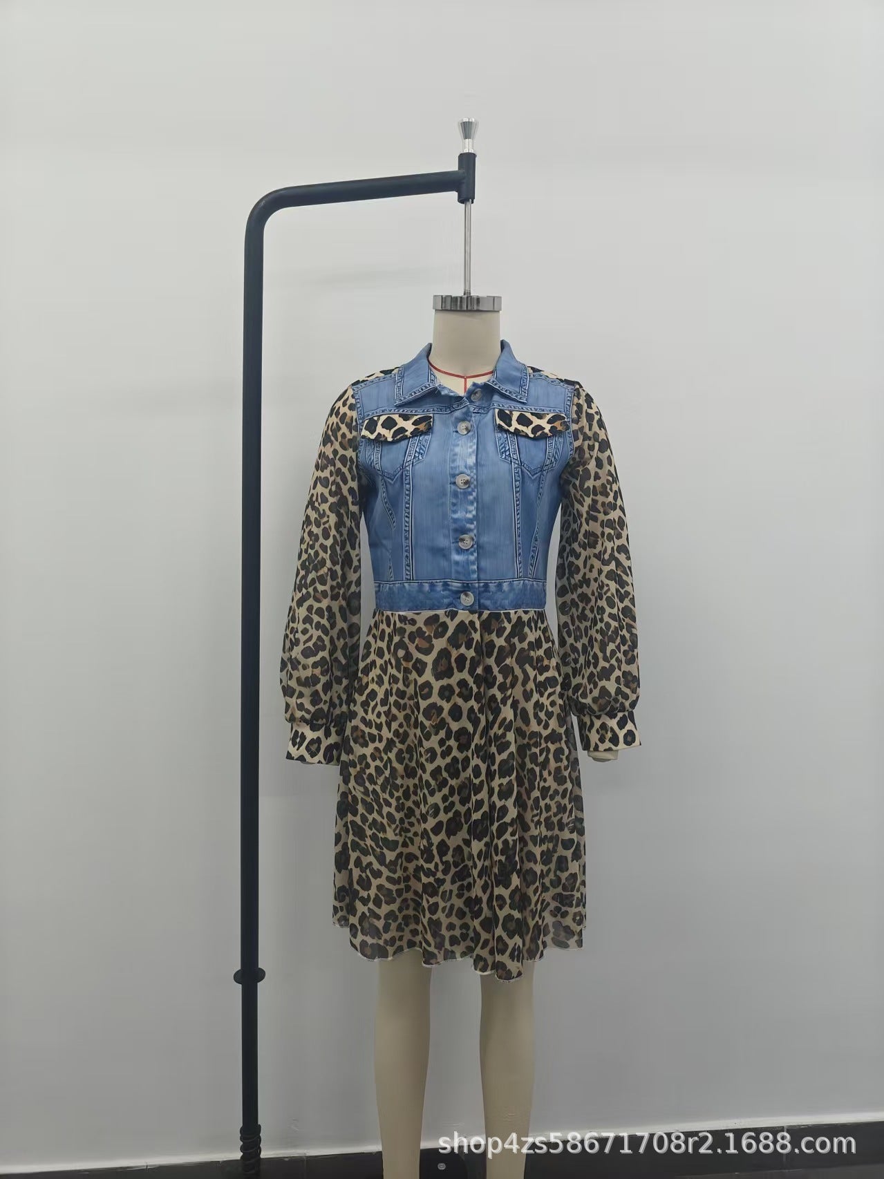 Leopard Chiffon Denim Patchwork Long Sleeve Dress