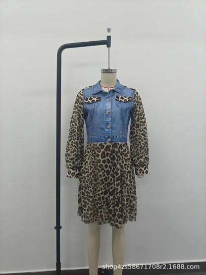 Leopard Chiffon Denim Patchwork Long Sleeve Dress