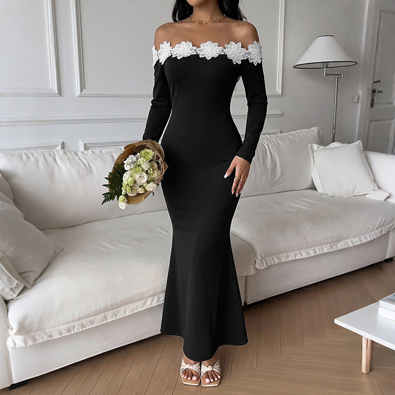 Off Shoulder Flower Applique Bodycon Maxi Dress