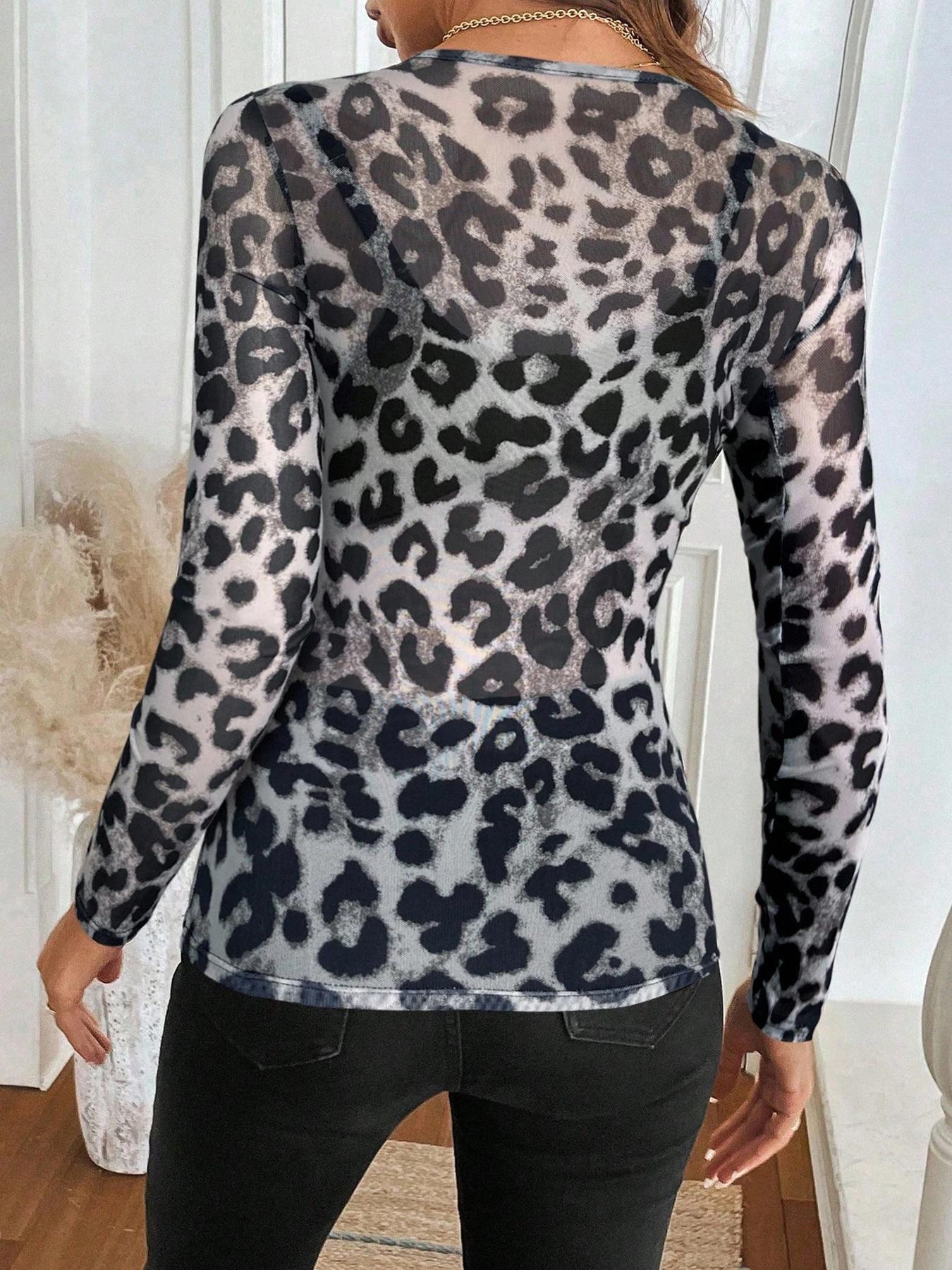 Sheer Leopard Print Mesh Fitted Long Sleeve Top