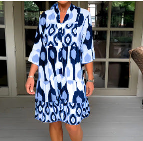 Women's Boho Geometric Tiered Midi Dress 3/4 Sleeve