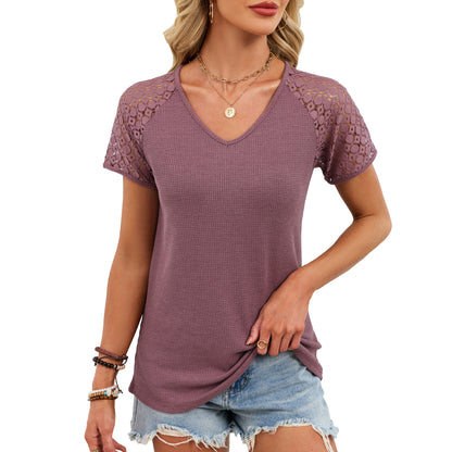 Boho V Neck Lace Sleeve Top Solid Knit Casual Blouse