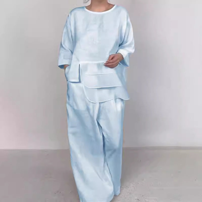 Satin Layered Top Wide Leg Pants Two Piece Set