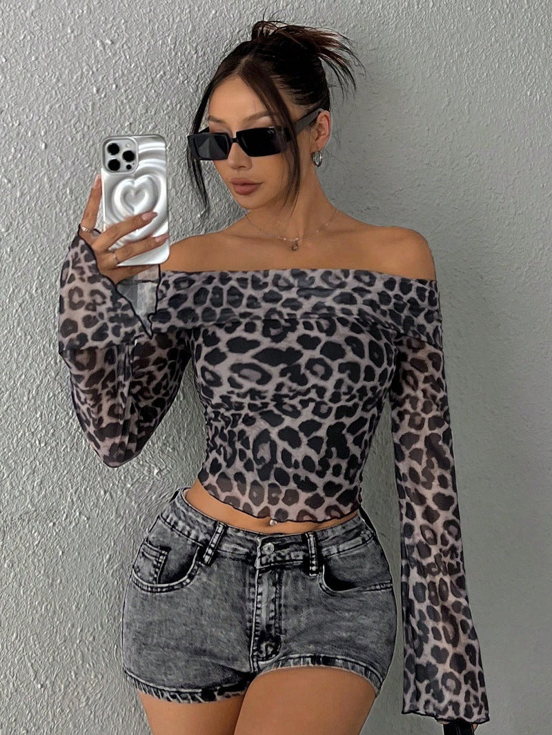 Sexy Off Shoulder Leopard Mesh Bell Sleeve Crop Top