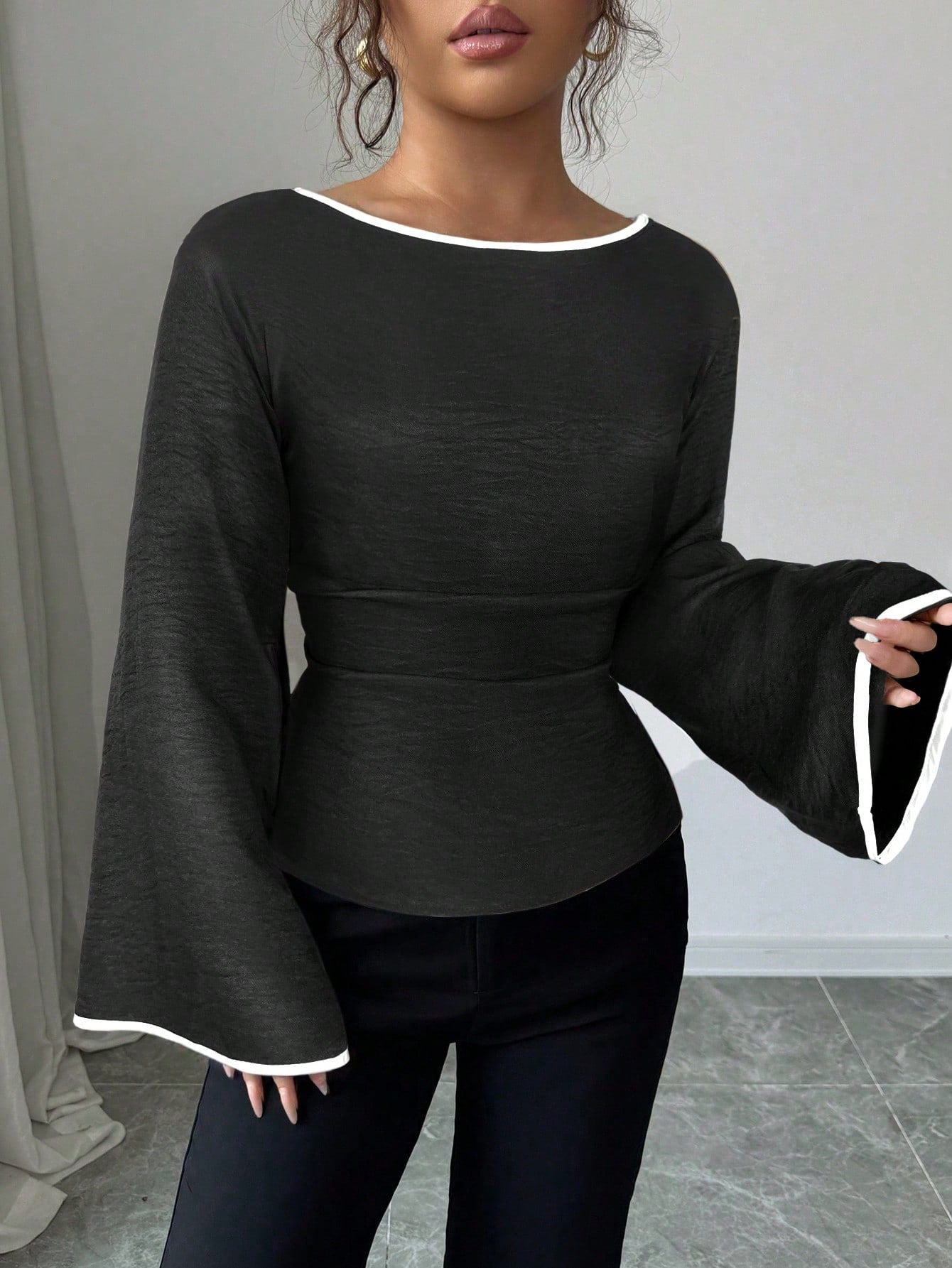 Women's Elegant Boat Neck Bell Sleeve Cinched Waist Blouse