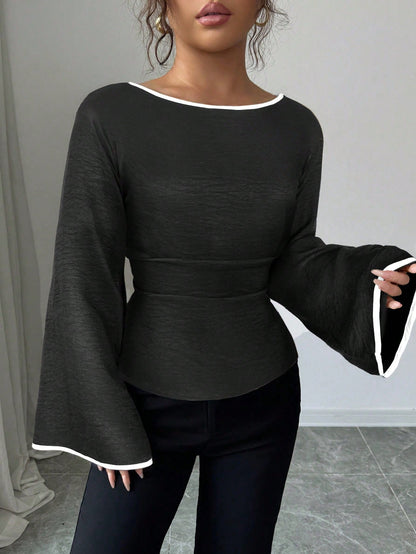 Women's Elegant Boat Neck Bell Sleeve Cinched Waist Blouse