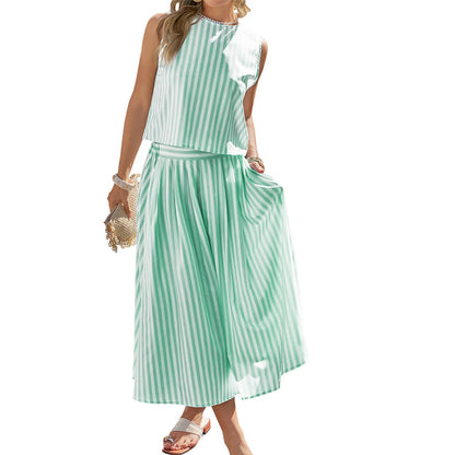 Women's Striped Cotton Tank & Midi Skirt Two-Piece Set