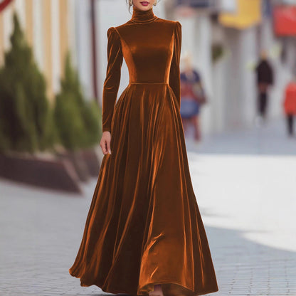 Elegant Velvet Turtleneck Long Sleeve Maxi Dress